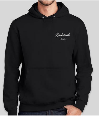 BackwardsNYC Ultimate Comfort and Style: Premium Fabric Hoodie for Men/Women. White on Black, Left Chest