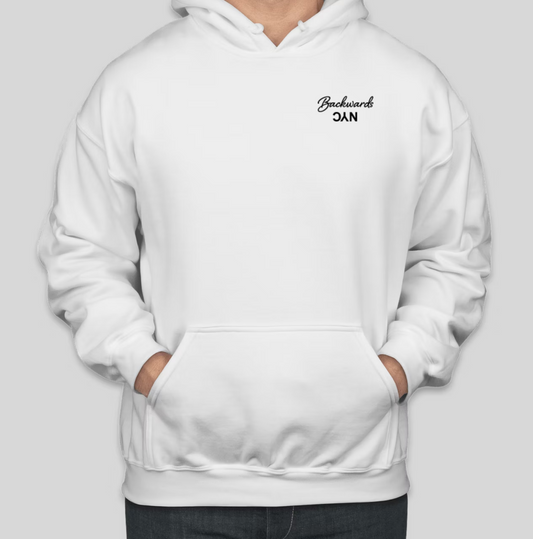 BackwardsNYC Ultimate Comfort and Style: Premium Fabric Hoodie for Men/Women. Black on White, Left Chest
