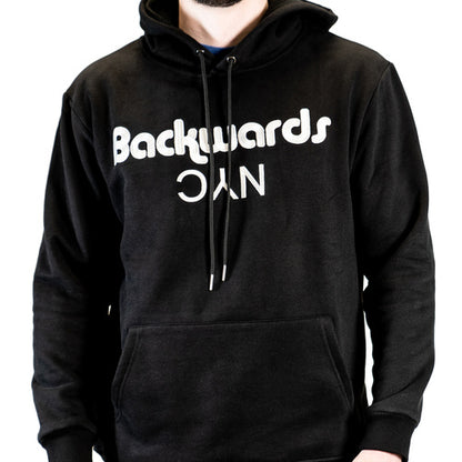 A BackwardsNYC Ultimate Comfort and Style: Premium Fabric Hoodie for Men/Women. White on Black, Center Chest