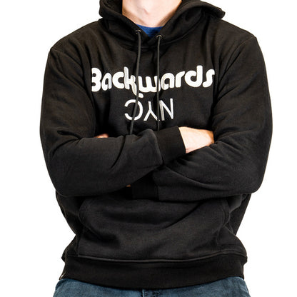 A BackwardsNYC Ultimate Comfort and Style: Premium Fabric Hoodie for Men/Women. White on Black, Center Chest