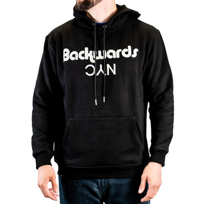 A BackwardsNYC Ultimate Comfort and Style: Premium Fabric Hoodie for Men/Women. White on Black, Center Chest